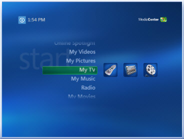 Media Center Start menu with My TV selected