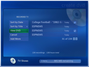 Recorded TV page with View DVD selected