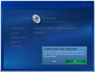 Completing Disc Creation dialog box with No selected