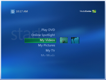 Media Center Start menu with My Videos selected