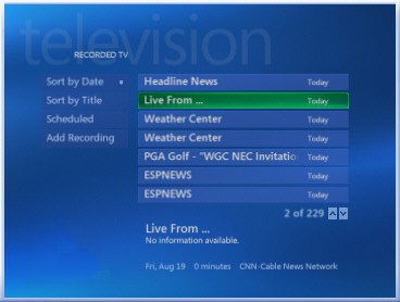 Recorded TV page with show selected